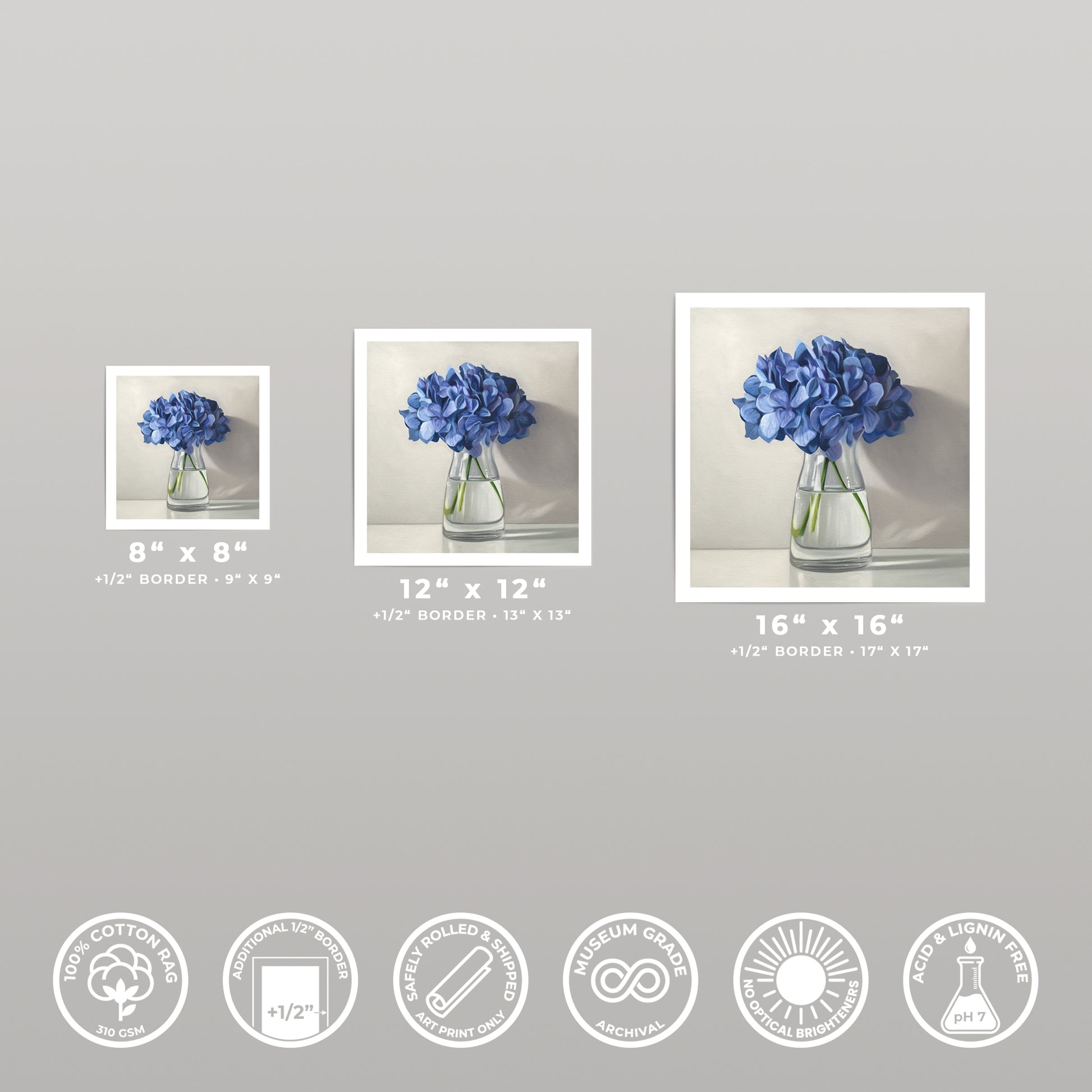 Blue Hydrangeas fine art print in 8x8, 12x12, and 16x16 sizes, on cotton rag paper.