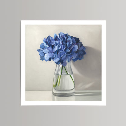 Fine art print of vibrant blue hydrangeas in a clear glass vase, on a light background.