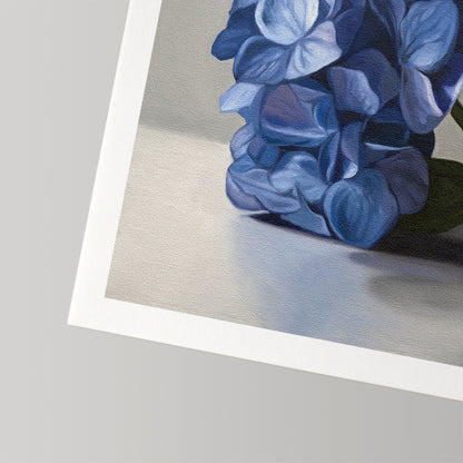 Vibrant blue hydrangea fine art print on textured cotton rag paper with a white border.