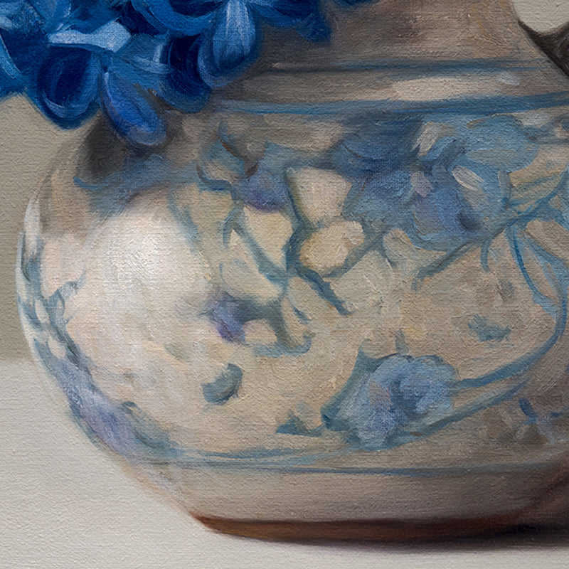 Blue Jay & Hydrangeas 14" x 11" Original Oil Painting by Lauren Pretorius: a Blue jay perched on a vase with blue hydrangea flowers against a neutral background