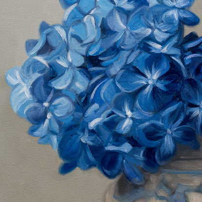 Blue Jay & Hydrangeas 14" x 11" Original Oil Painting by Lauren Pretorius: a Blue jay perched on a vase with blue hydrangea flowers against a neutral background