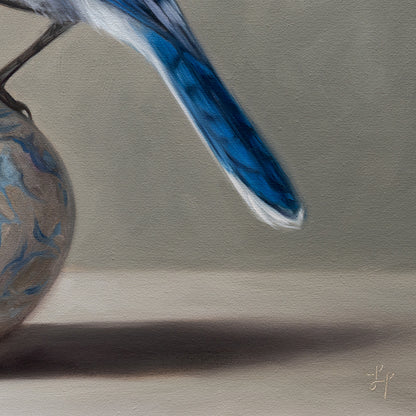 Blue Jay & Hydrangeas 14" x 11" Original Oil Painting by Lauren Pretorius: a Blue jay perched on a vase with blue hydrangea flowers against a neutral background