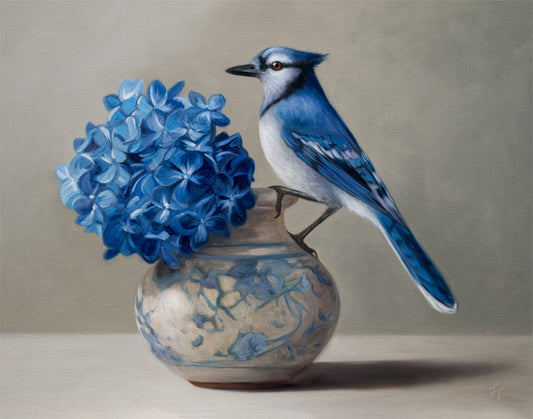 Blue Jay & Hydrangeas 14" x 11" Original Oil Painting by Lauren Pretorius: a Blue jay perched on a vase with blue hydrangea flowers against a neutral background