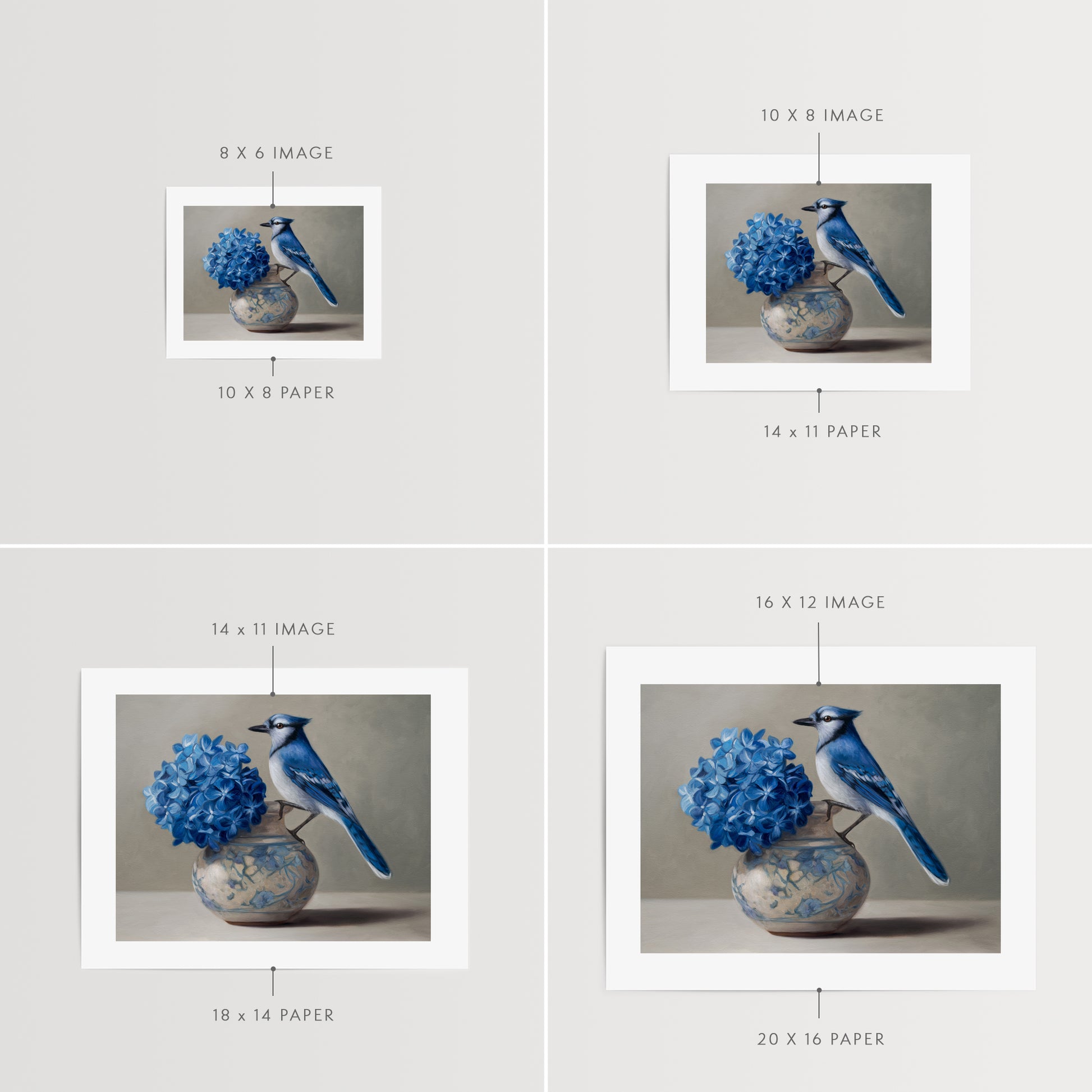 Blue Jay & Hydrangeas Fine Art Print by Lauren Pretorius: a Blue jay perched on a vase with blue hydrangea flowers against a neutral background