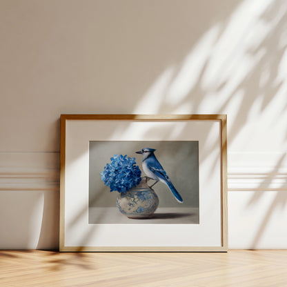 Blue Jay & Hydrangeas Fine Art Print by Lauren Pretorius: a Blue jay perched on a vase with blue hydrangea flowers against a neutral background