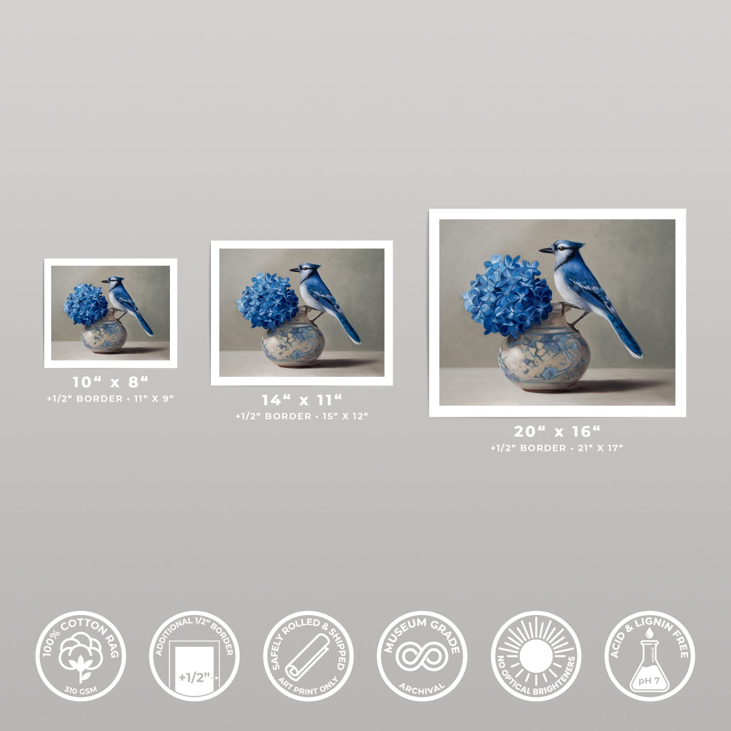 Blue Jay & Hydrangeas fine art print in three sizes, featuring a blue jay and blue hydrangeas in a decorative vase.