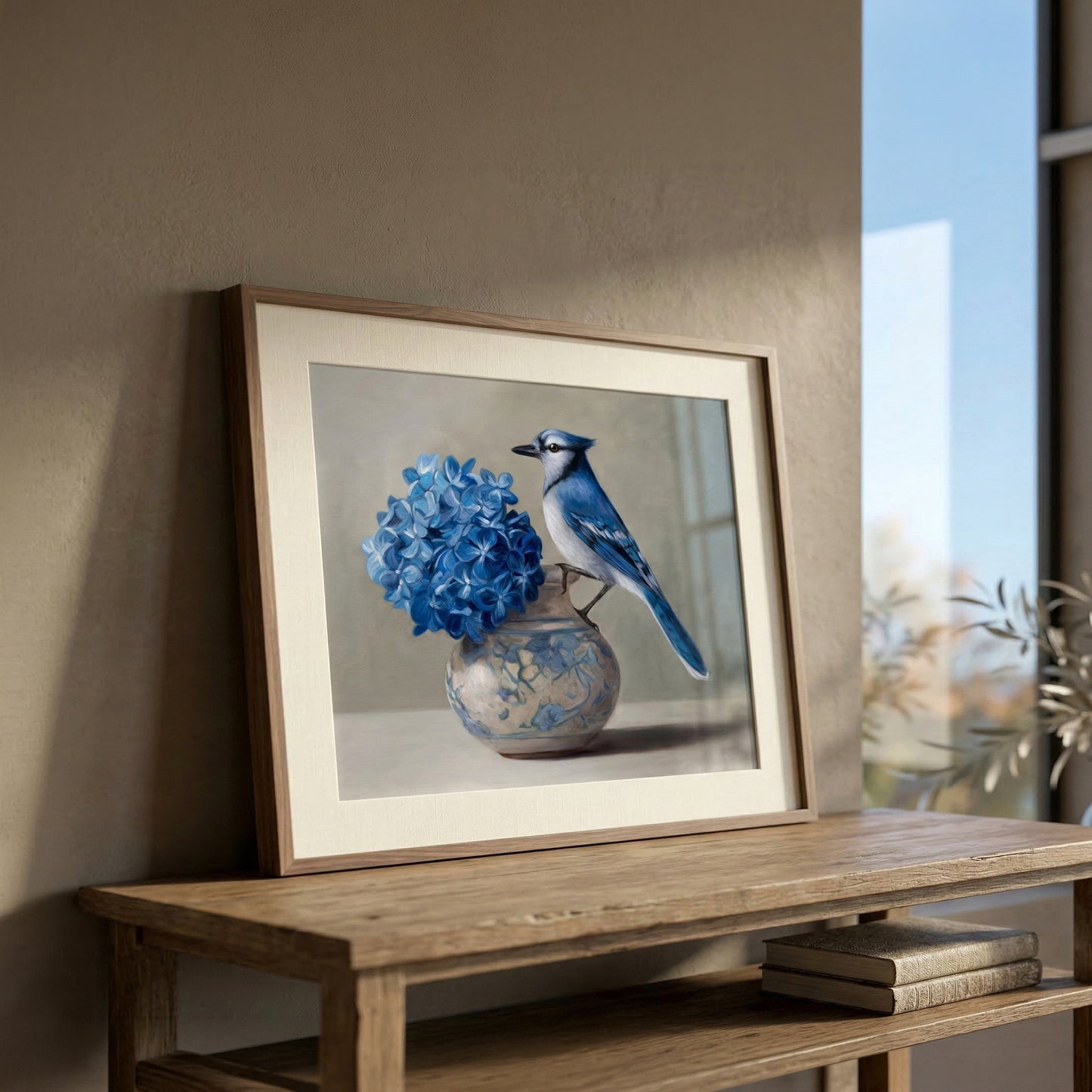 Framed fine art print of a blue jay perched on a patterned vase with blue hydrangeas.
