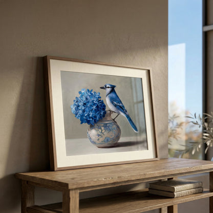 Framed fine art print of a blue jay perched on a patterned vase with blue hydrangeas.