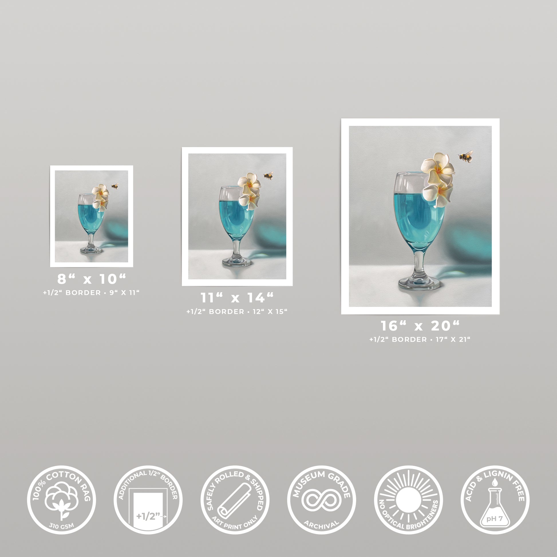 Three Blue Lagoon & Bumble Bee fine art prints in 8x10, 11x14, and 16x20 sizes, showing a blue drink with flowers and bees.