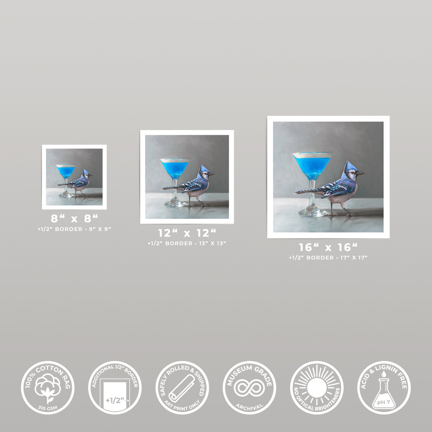 Three square fine art prints of a blue martini and blue jay, shown in 8x8, 12x12, and 16x16 sizes with borders.