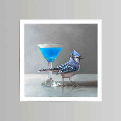 Vibrant blue jay and a blue martini in a glass, fine art print on cotton rag paper.