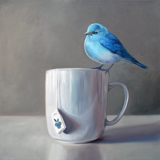 Bluebird and Blueberry Tea Fine Art Print by Lauren Pretorius: The perfect combination to roll in the Spring season a Mountain Bluebird perched on a cup of Blueberry Tea.