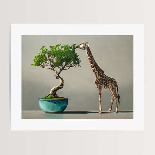 Bonsai & Giraffe Fine Art Print by Lauren Pretorius: a mini giraffe leaning over to eat leaves from a bonsai tree, which is placed in a blue pot.