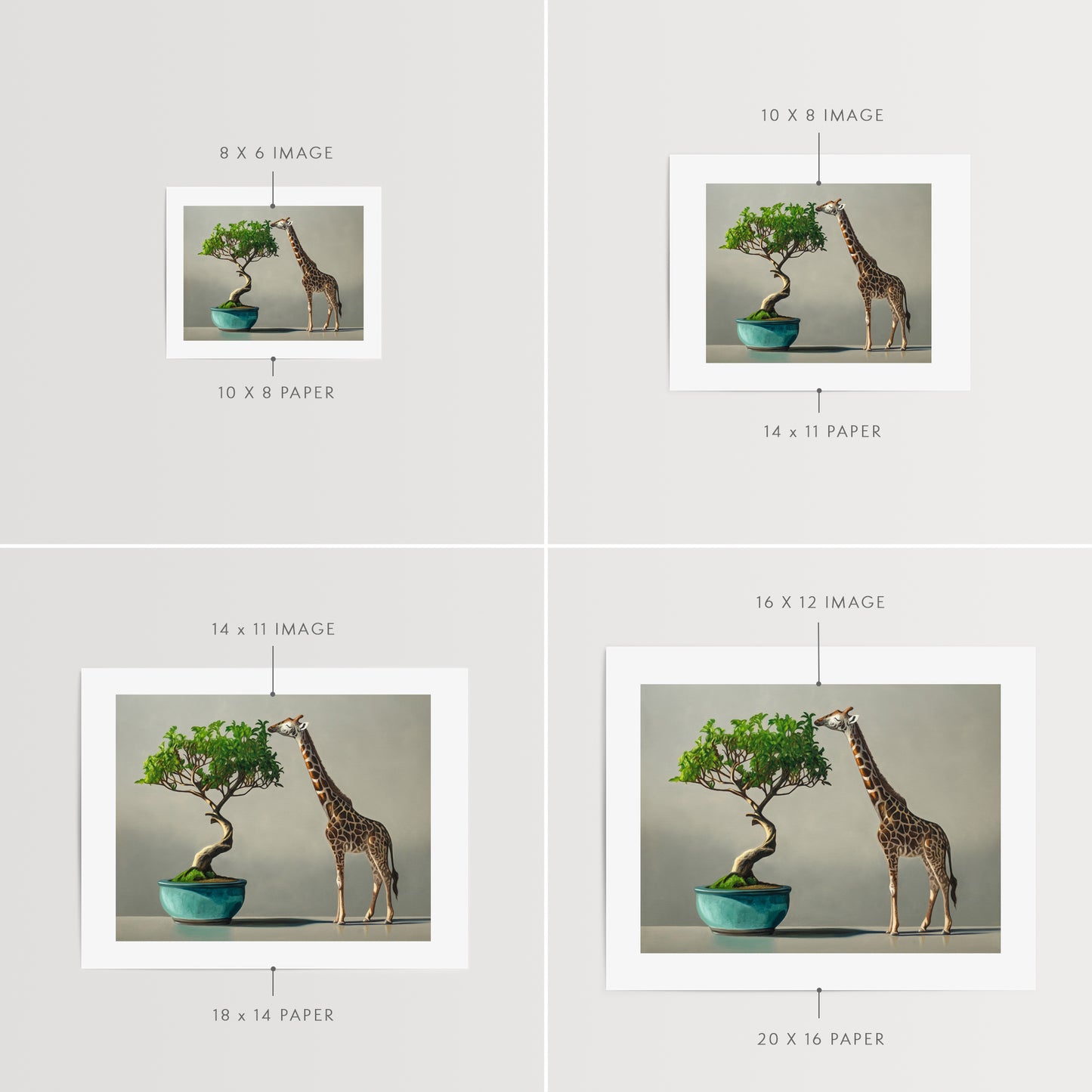 Bonsai & Giraffe Fine Art Print by Lauren Pretorius: a mini giraffe leaning over to eat leaves from a bonsai tree, which is placed in a blue pot.