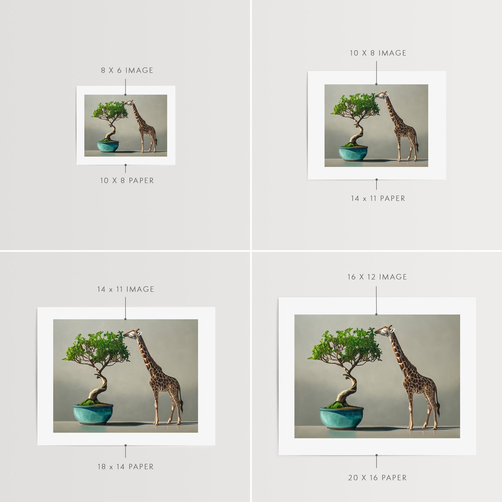 Bonsai & Giraffe Fine Art Print by Lauren Pretorius: a mini giraffe leaning over to eat leaves from a bonsai tree, which is placed in a blue pot.