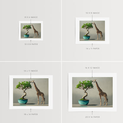 Bonsai & Giraffe Fine Art Print by Lauren Pretorius: a mini giraffe leaning over to eat leaves from a bonsai tree, which is placed in a blue pot.