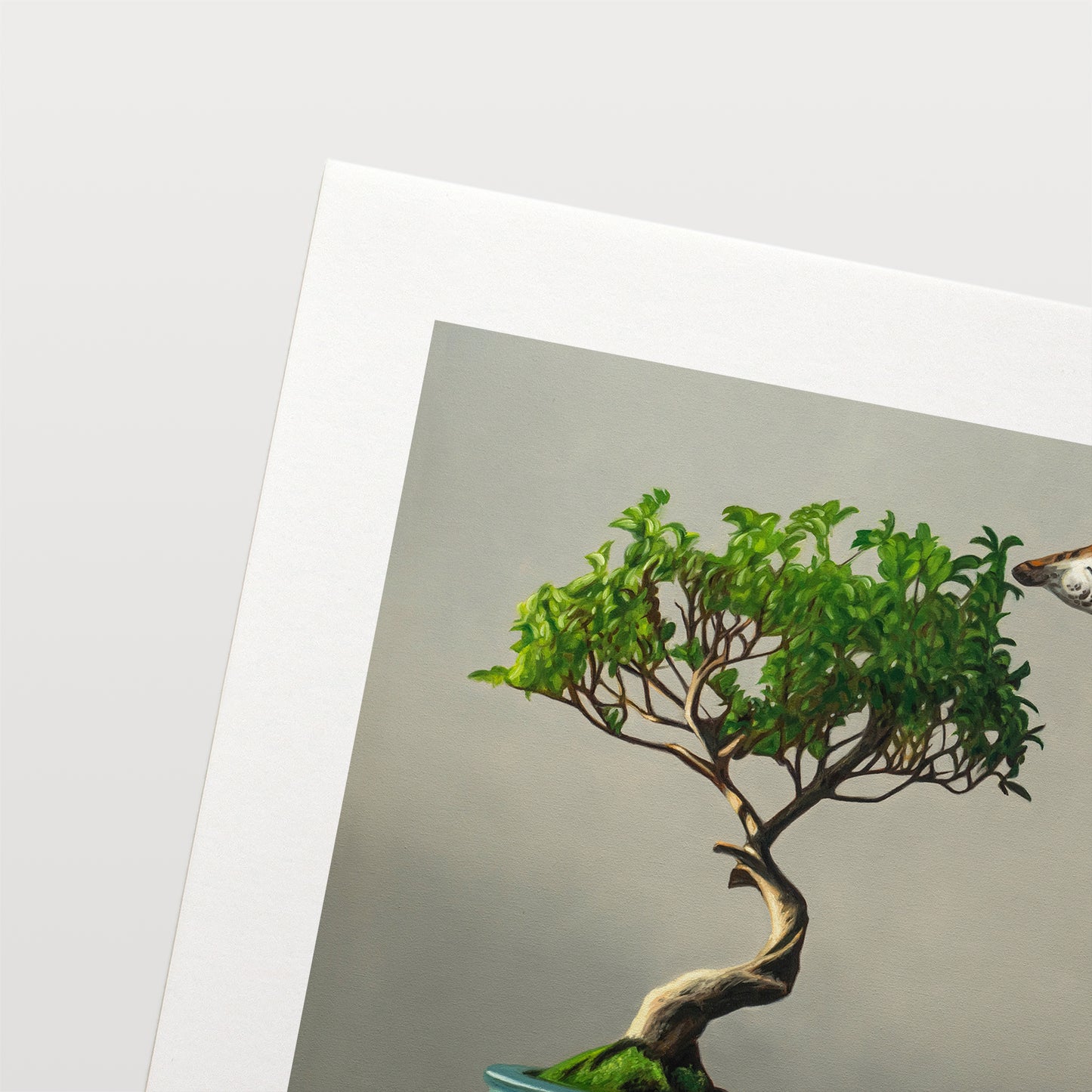 Bonsai & Giraffe Fine Art Print by Lauren Pretorius: a mini giraffe leaning over to eat leaves from a bonsai tree, which is placed in a blue pot.
