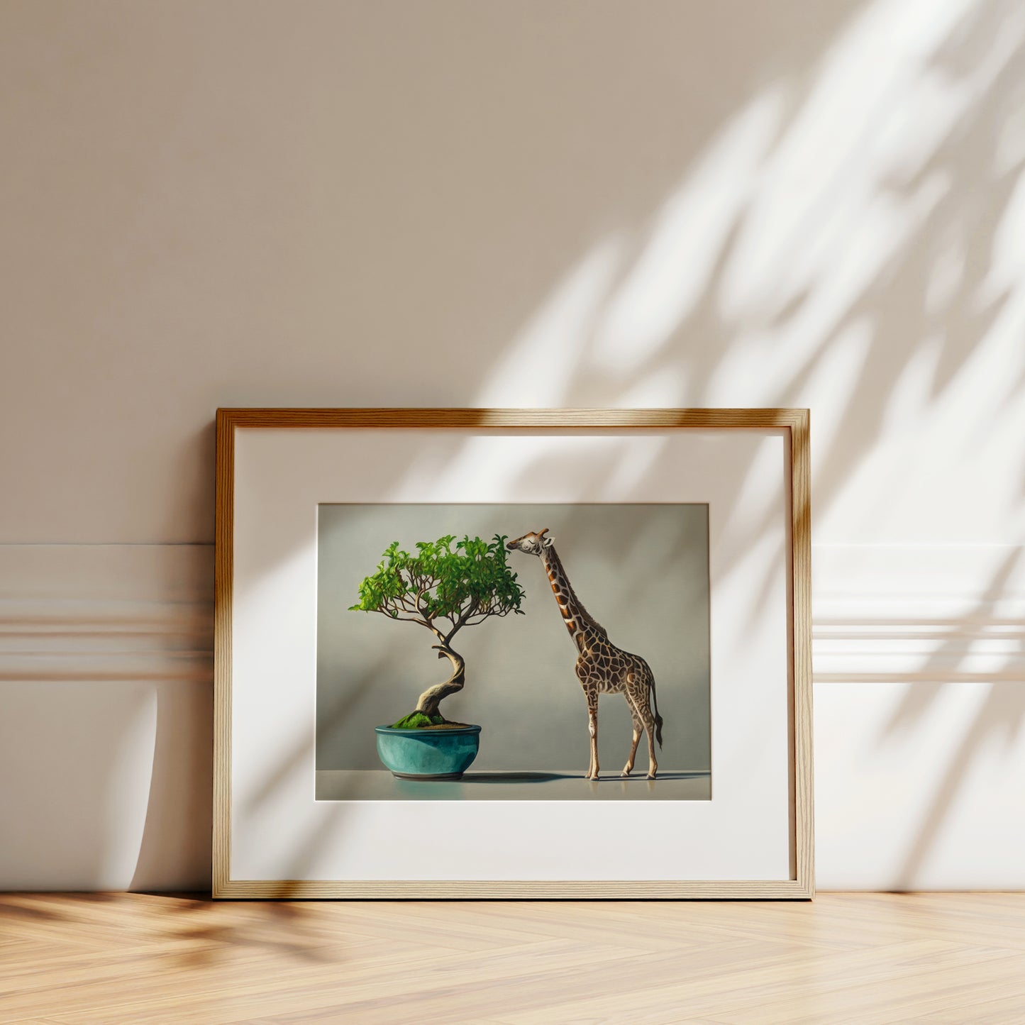 Bonsai & Giraffe Fine Art Print by Lauren Pretorius: a mini giraffe leaning over to eat leaves from a bonsai tree, which is placed in a blue pot.