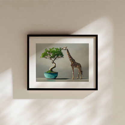 Bonsai & Giraffe Fine Art Print by Lauren Pretorius: a mini giraffe leaning over to eat leaves from a bonsai tree, which is placed in a blue pot.