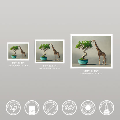 Three art prints of a bonsai tree and giraffe, available in 10x8, 14x11, and 20x16 inches.