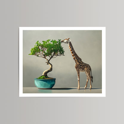 Fine art print of a giraffe eating leaves from a bonsai tree in a teal pot.