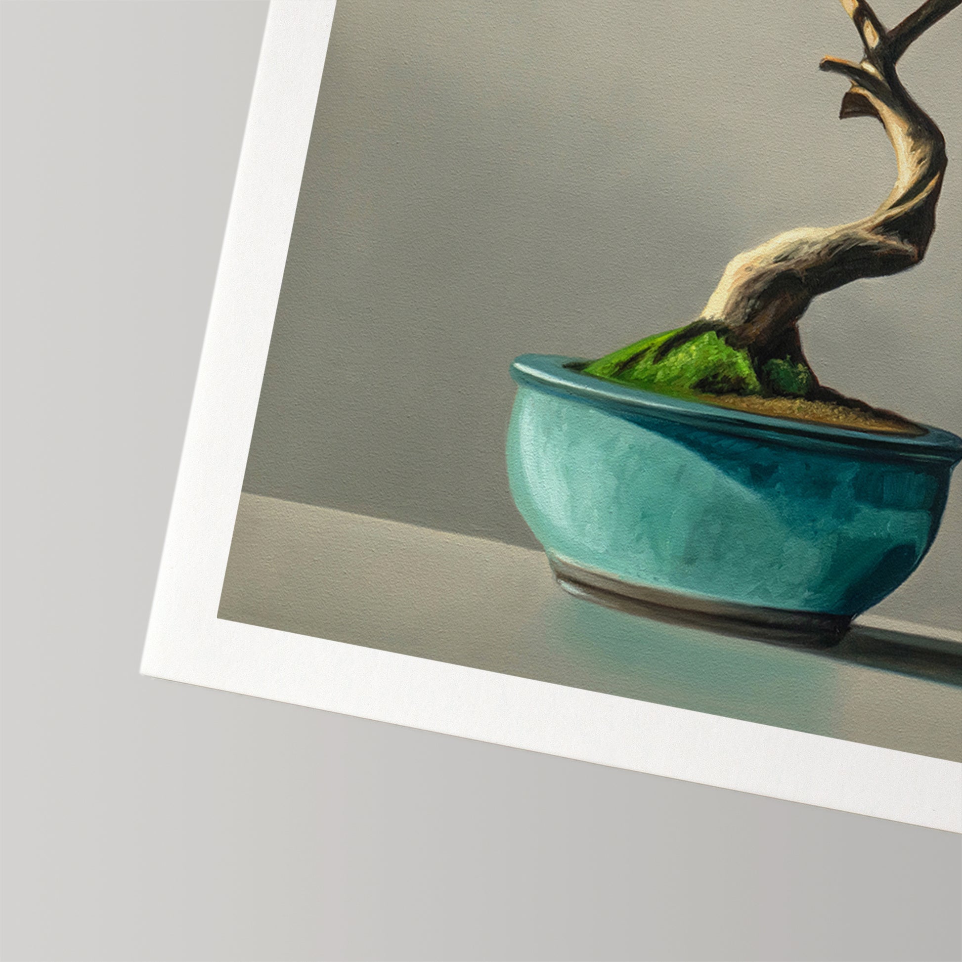 Close-up of a fine art print featuring a bonsai tree in a vibrant teal pot, with a white border.