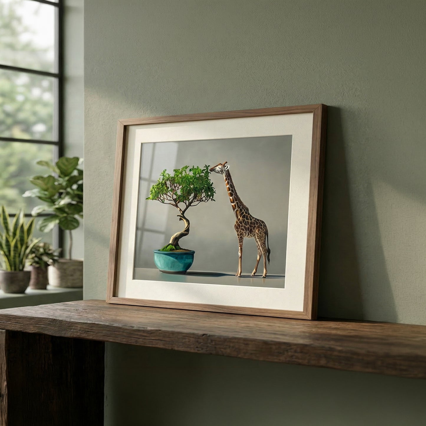 Framed art print of a giraffe eating leaves from a bonsai tree in a teal pot.