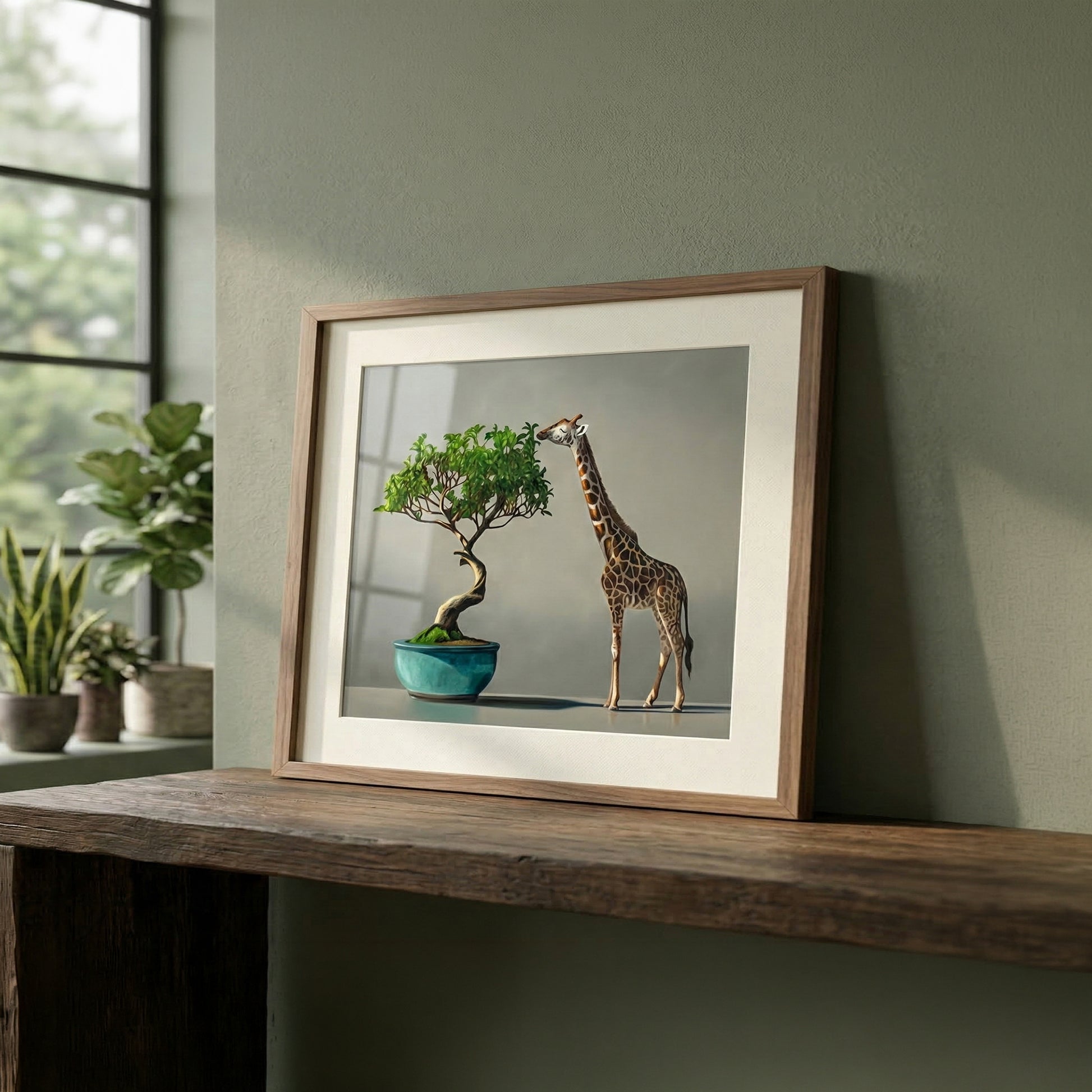 Framed art print of a giraffe eating leaves from a bonsai tree in a teal pot.