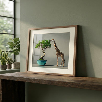 Framed art print of a giraffe eating leaves from a bonsai tree in a teal pot.