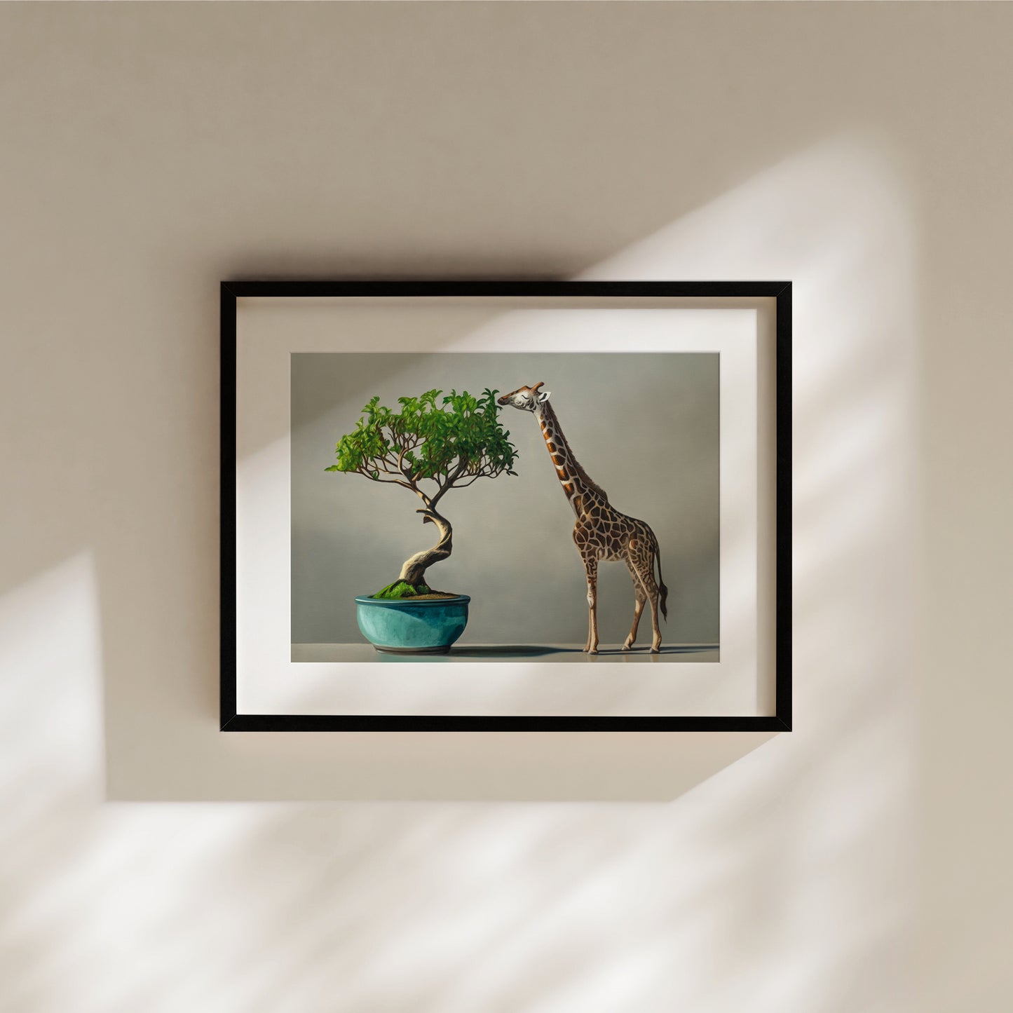 Framed fine art print featuring a giraffe eating leaves from a bonsai tree in a teal pot.