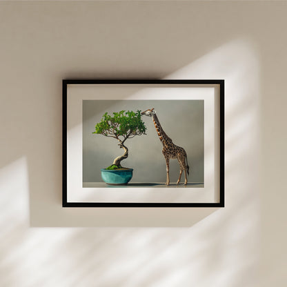 Framed fine art print featuring a giraffe eating leaves from a bonsai tree in a teal pot.