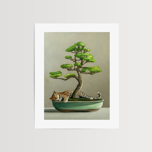 Bonsai & Leopard Fine Art Print by Lauren Pretorius: a bonsai tree with green leaves and a mini leopard resting at the base.