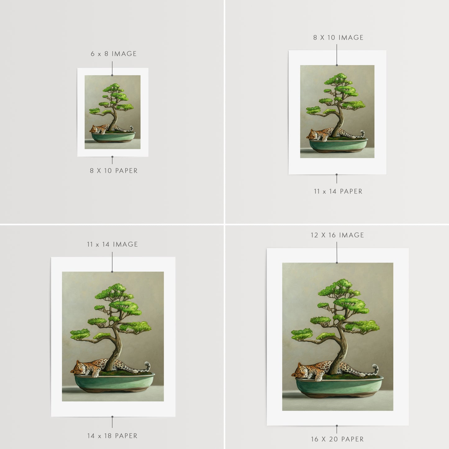 Bonsai & Leopard Fine Art Print by Lauren Pretorius: a bonsai tree with green leaves and a mini leopard resting at the base.