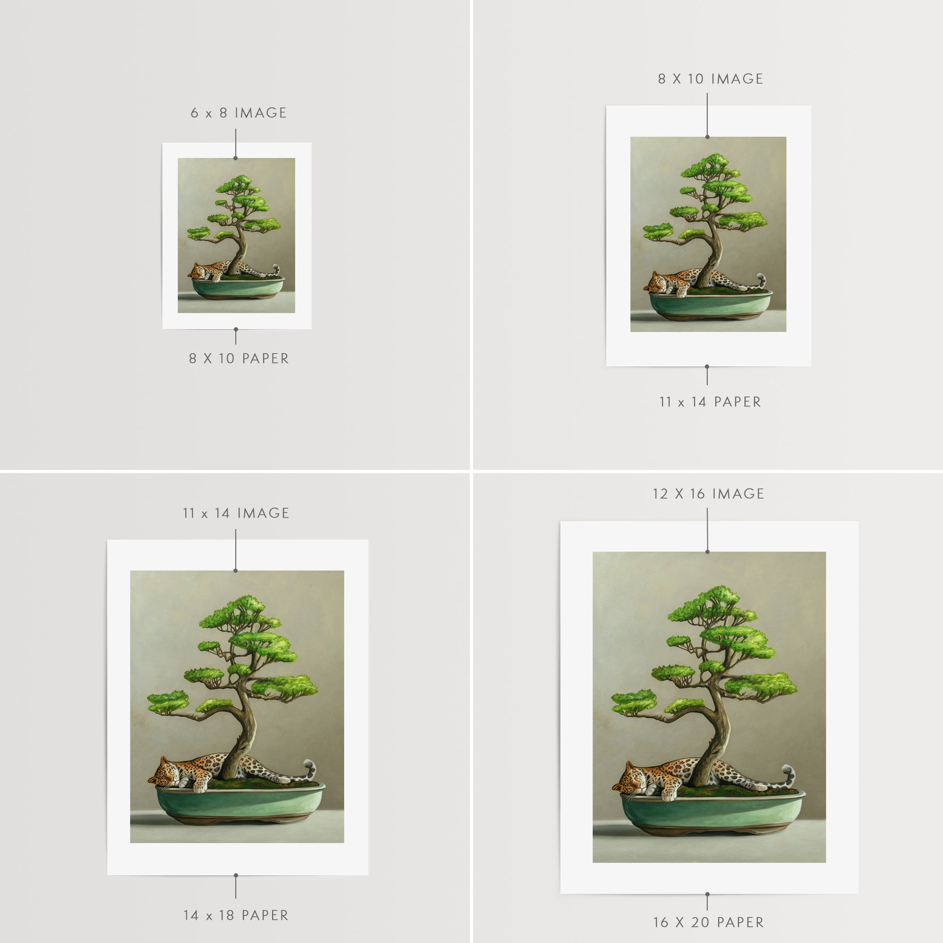Bonsai & Leopard Fine Art Print by Lauren Pretorius: a bonsai tree with green leaves and a mini leopard resting at the base.