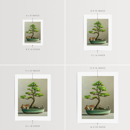 Bonsai & Leopard Fine Art Print by Lauren Pretorius: a bonsai tree with green leaves and a mini leopard resting at the base.