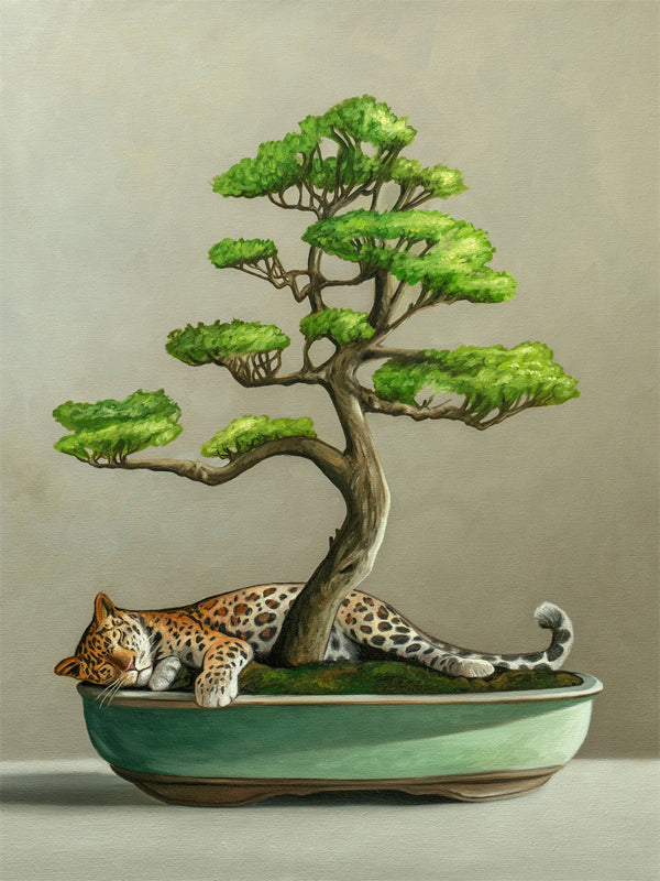 Bonsai & Leopard Fine Art Print by Lauren Pretorius: a bonsai tree with green leaves and a mini leopard resting at the base.