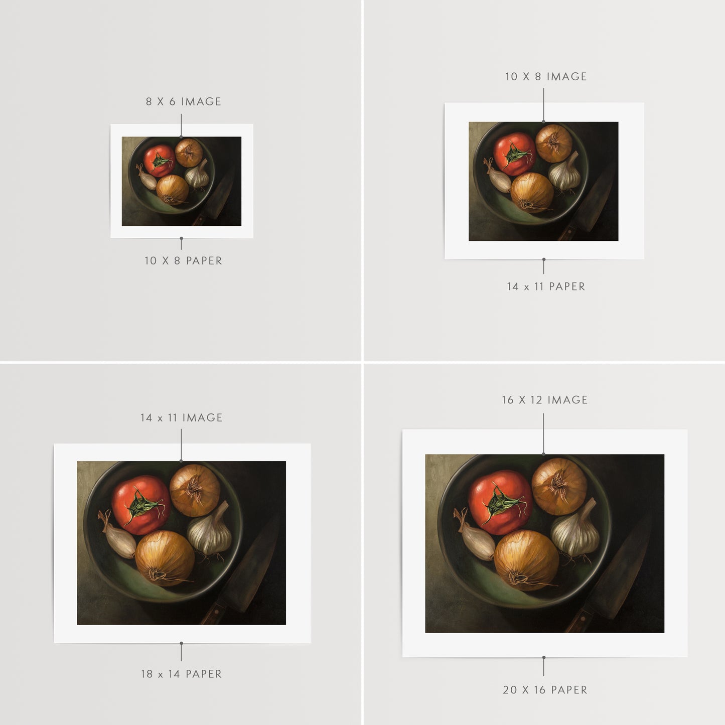 Bowl of Veggies Fine Art Print by Lauren Pretorius: a bowl of veggies from above containing a tomato, onions, garlic and a chefs knife in the shadow.