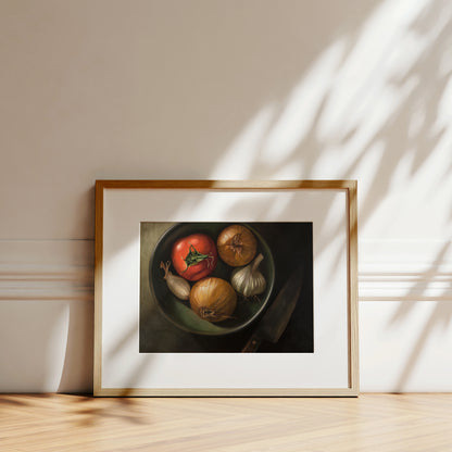 Bowl of Veggies Fine Art Print by Lauren Pretorius: a bowl of veggies from above containing a tomato, onions, garlic and a chefs knife in the shadow.