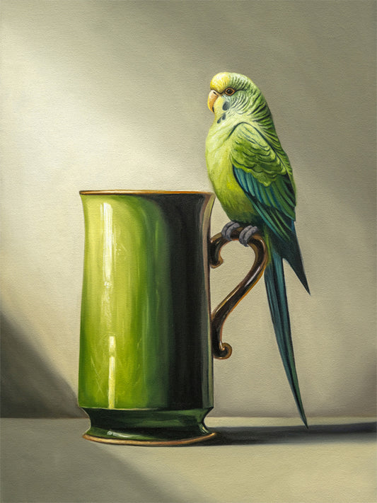 Budgie & Green Mug Fine Art Print by Lauren Pretorius: a pair green Budgerigar perched on the handle of an ornate green mug.