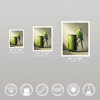 Three fine art prints of a green budgie perched on a green mug, displayed in 8x10, 11x14, and 16x20 sizes.