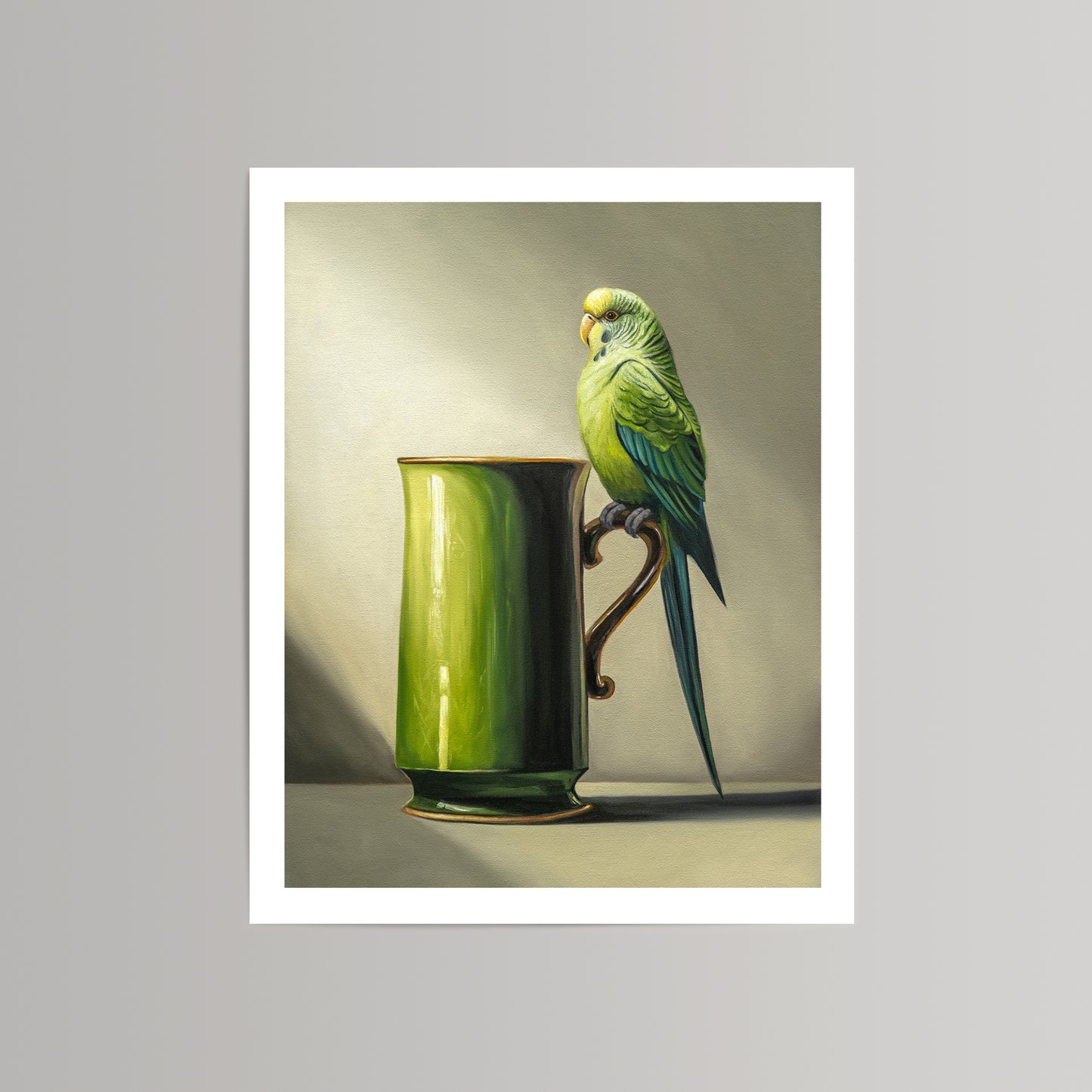 Fine art print featuring a vibrant green budgie perched on a tall, glossy green mug with a gold handle.