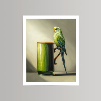 Fine art print featuring a vibrant green budgie perched on a tall, glossy green mug with a gold handle.