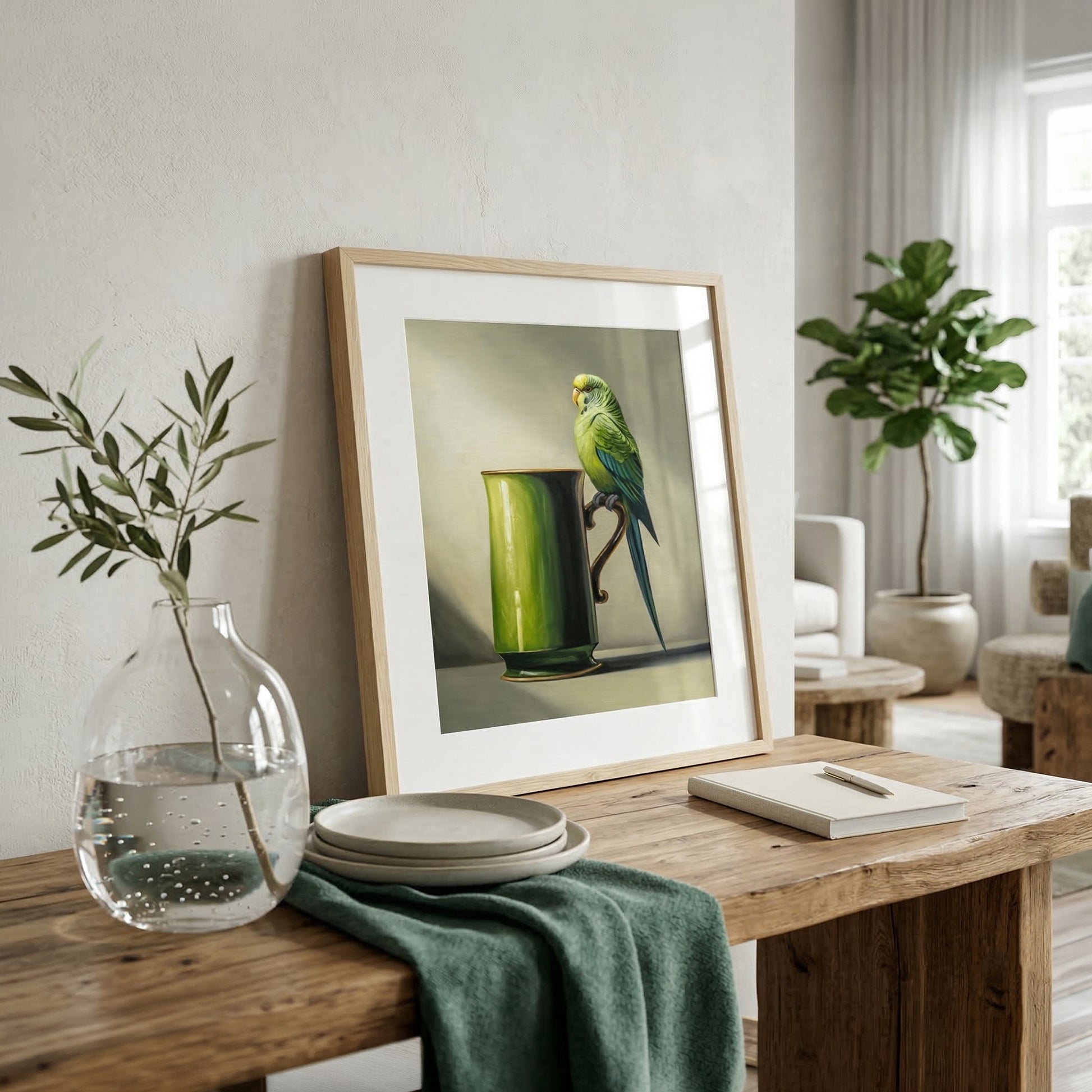 Framed fine art print of a green budgie perched on a green mug, displayed on a rustic wooden table.