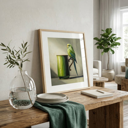 Framed fine art print of a green budgie perched on a green mug, displayed on a rustic wooden table.