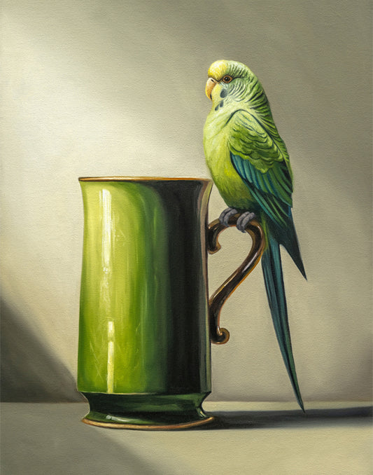 Fine art print featuring a vibrant green budgie perched on a tall, glossy green mug with a gold rim and handle.