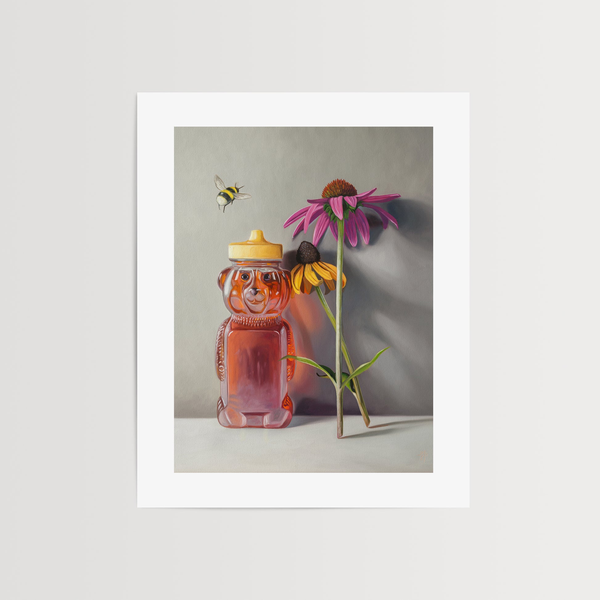 Bumble Bee, Honey & Blossoms Fine Art Print by Lauren Pretorius: a bottle of honey shaped as a bear and a pair of flowers with a bumble bee flying in to inspect.