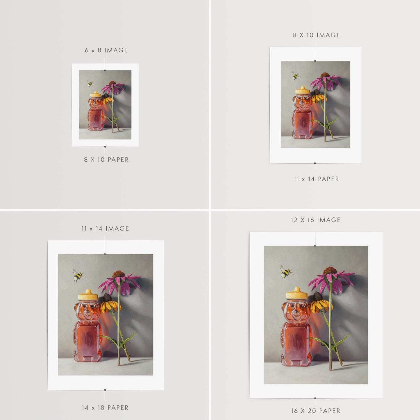 Bumble Bee, Honey & Blossoms Fine Art Print by Lauren Pretorius: a bottle of honey shaped as a bear and a pair of flowers with a bumble bee flying in to inspect.