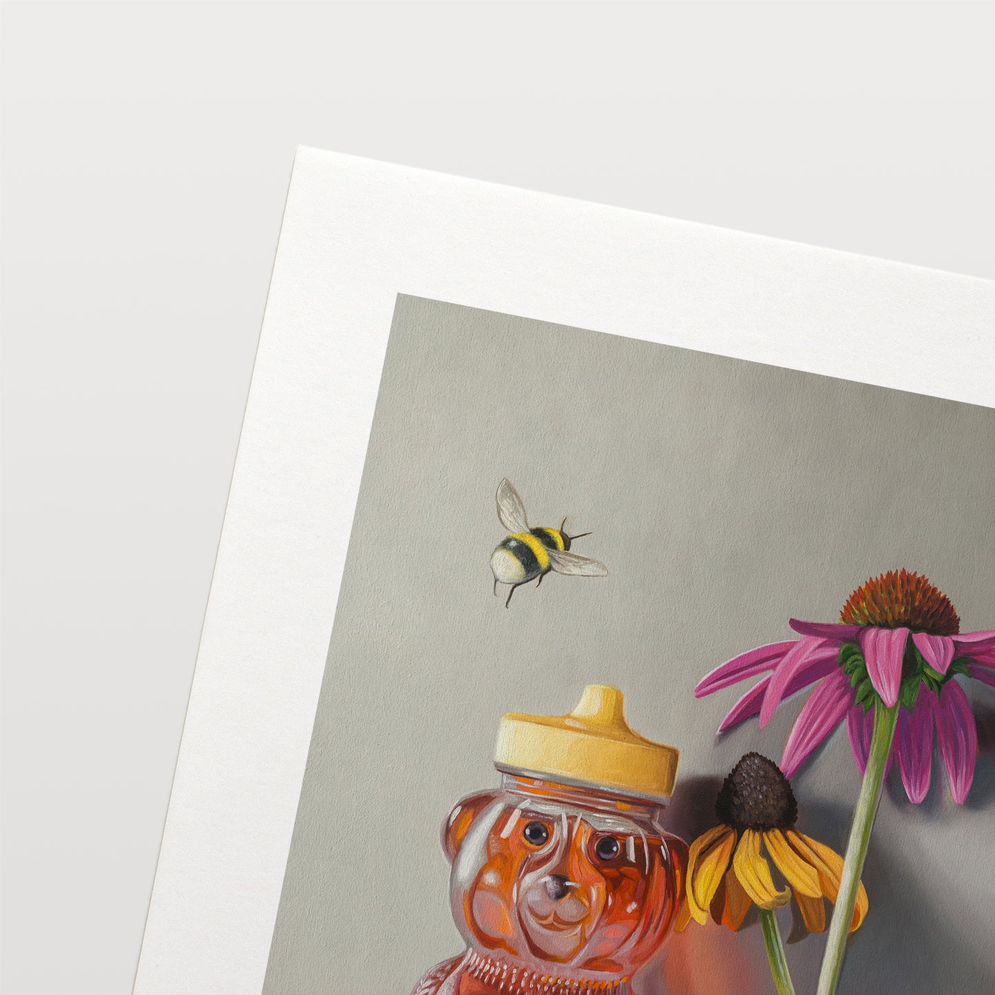 Bumble Bee, Honey & Blossoms Fine Art Print by Lauren Pretorius: a bottle of honey shaped as a bear and a pair of flowers with a bumble bee flying in to inspect.
