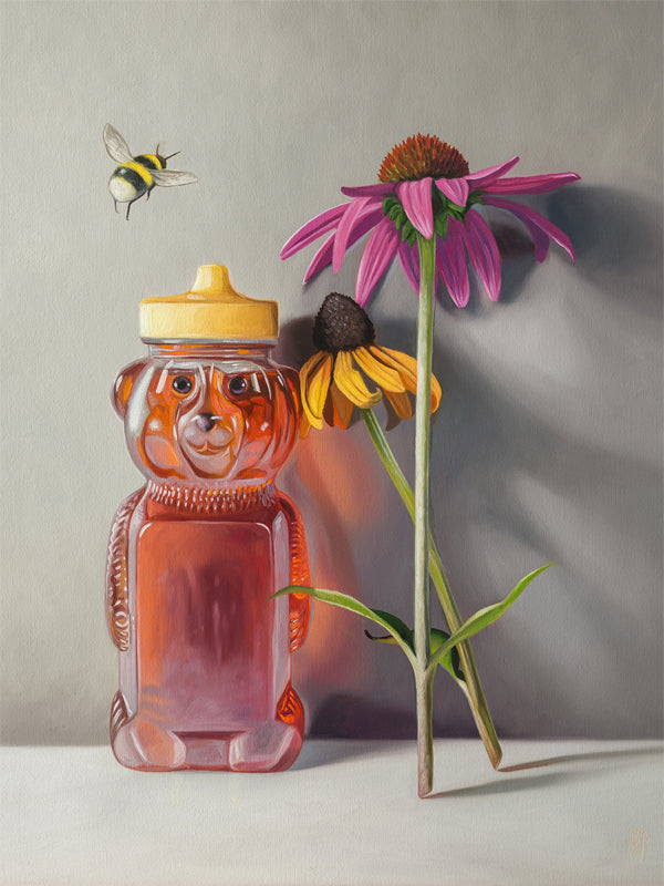 Bumble Bee, Honey & Blossoms Fine Art Print by Lauren Pretorius: a bottle of honey shaped as a bear and a pair of flowers with a bumble bee flying in to inspect.