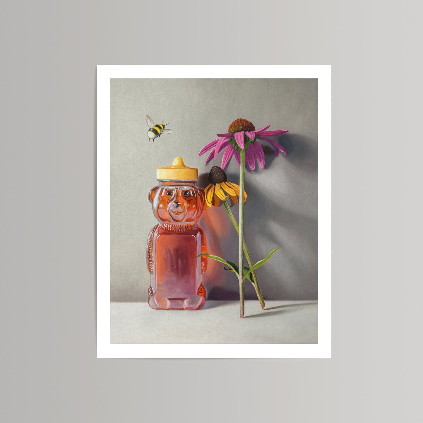 Fine art print of a honey bear jar, a bumblebee, and two colorful coneflower blossoms on a light background.